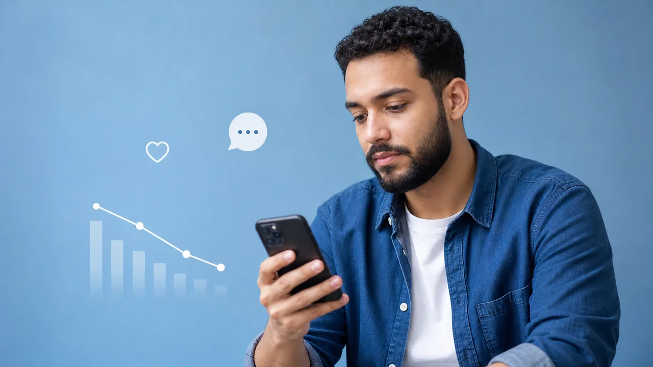 Pessoa usando smartphone para analisar um post que flopou no Instagram com gráfico de baixa interação
