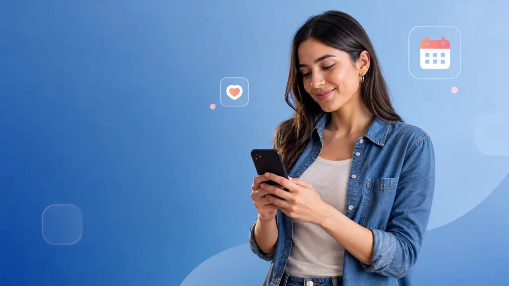 Pessoa usando smartphone para preparar um TBT no Instagram com visual limpo em azul