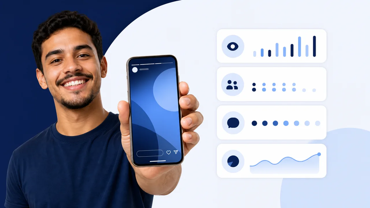 Pessoa analisando visualizações, alcance e respostas dos Stories no Instagram pelo celular