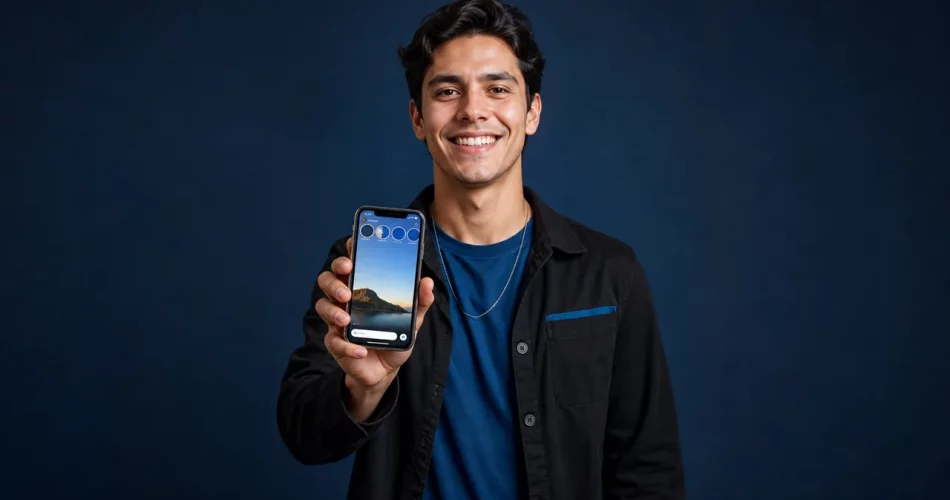 Pessoa sorrindo usando o Instagram Stories no smartphone para automacao segura