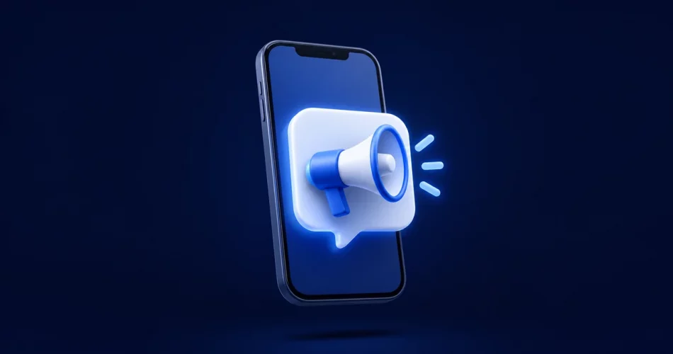 Ícone de smartphone com balão de megafone representando canal de transmissão do Instagram