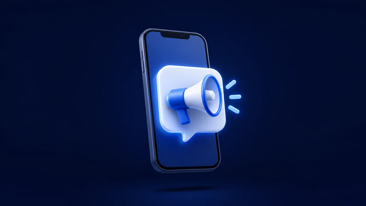 Ícone de smartphone com balão de megafone representando canal de transmissão do Instagram