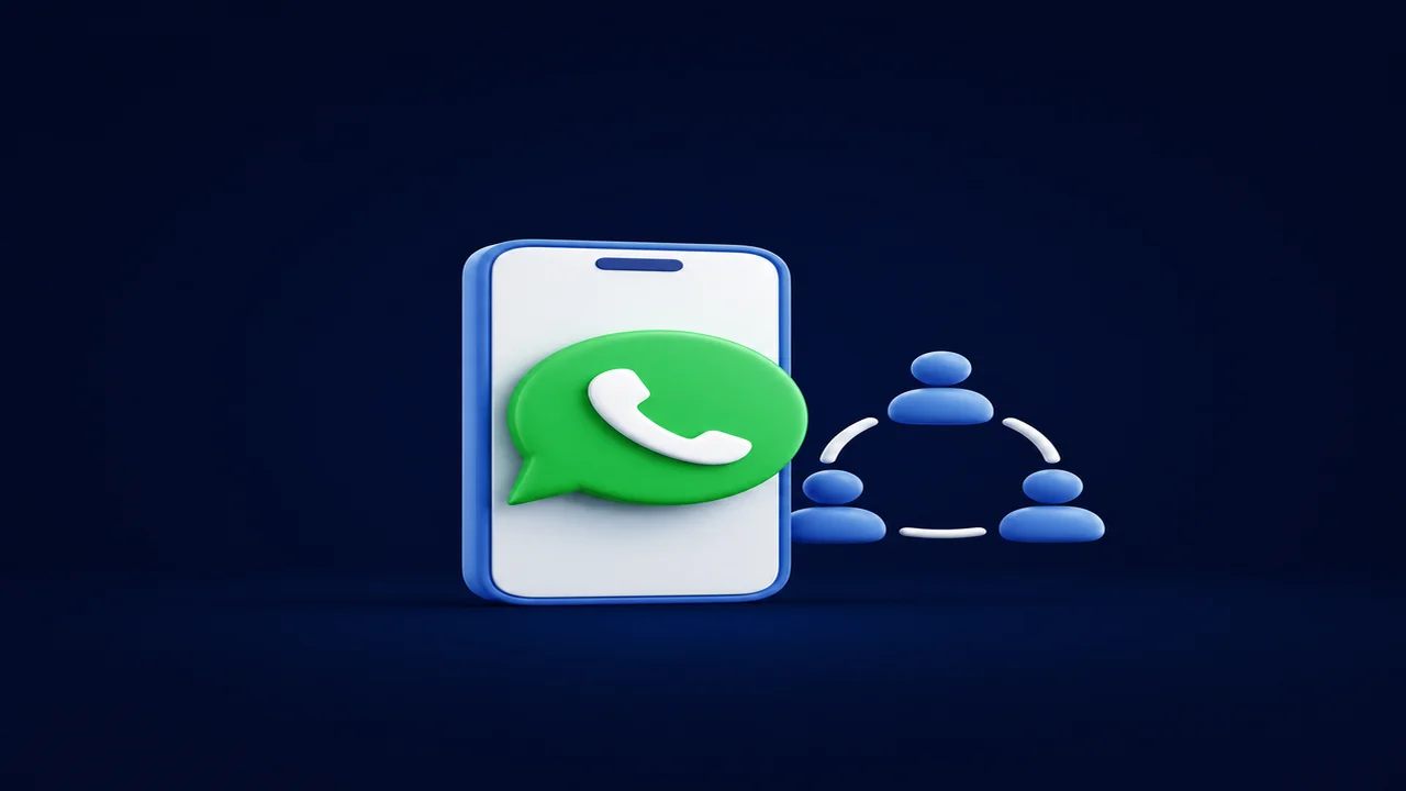 Ícone de smartphone com mensagem do WhatsApp conectado a contatos representando comunidade de negócio