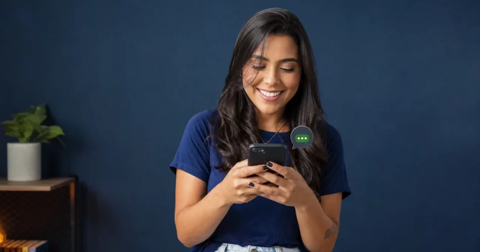 Pessoa sorrindo usando smartphone para gerenciar comunidade de vendas no WhatsApp