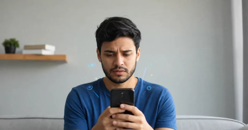 Pessoa usando smartphone preocupada com aviso de conta restrita no Instagram