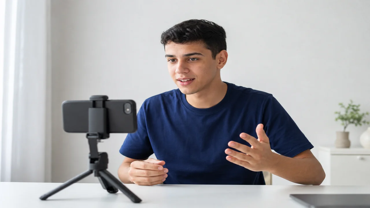 Criador de conteúdo gravando vídeo UGC com celular em tripé de mesa