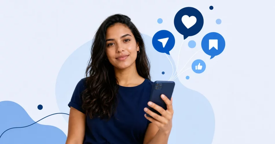 Pessoa segurando smartphone com ícones abstratos de CTA para Instagram