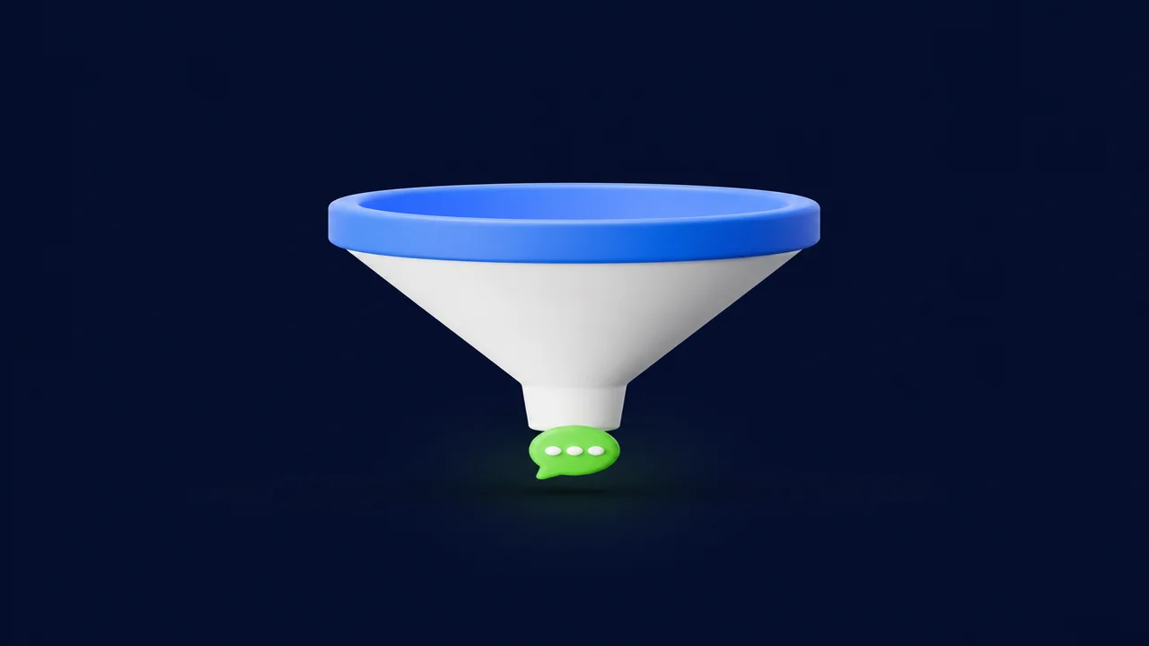 Ilustração de funil de vendas com balão de mensagem representando automação do WhatsApp