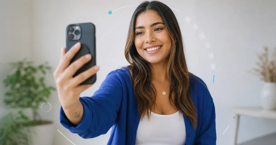 Criadora de conteúdo brasileira segurando smartphone para gravar Reels com gancho forte