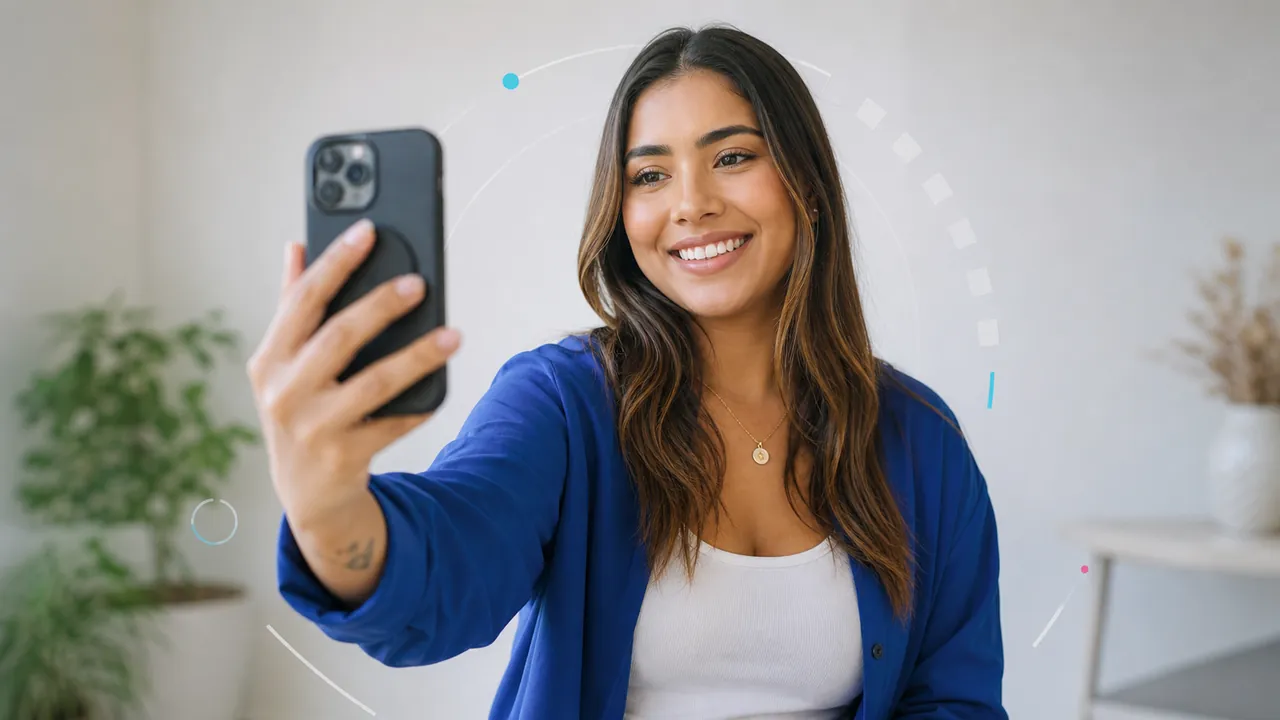 Criadora de conteúdo brasileira segurando smartphone para gravar Reels com gancho forte