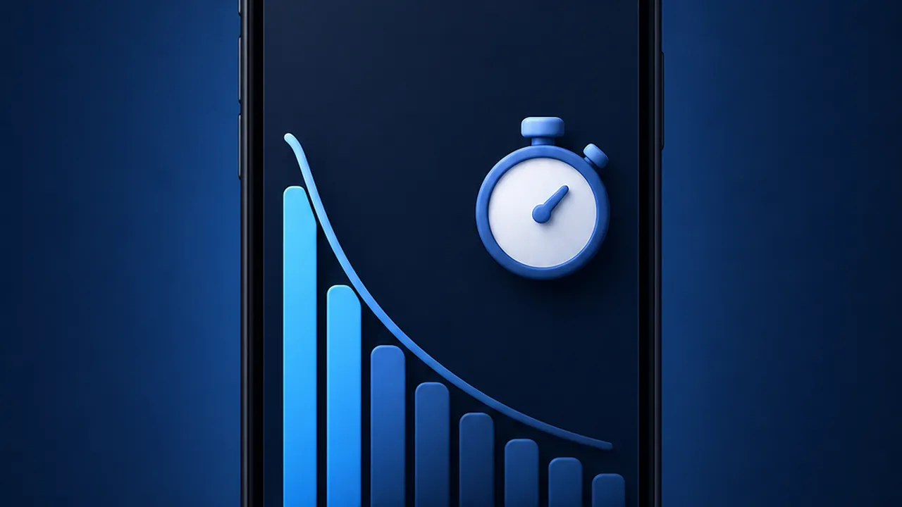 Ícone de smartphone com gráfico de retenção caindo nos primeiros segundos do Reels