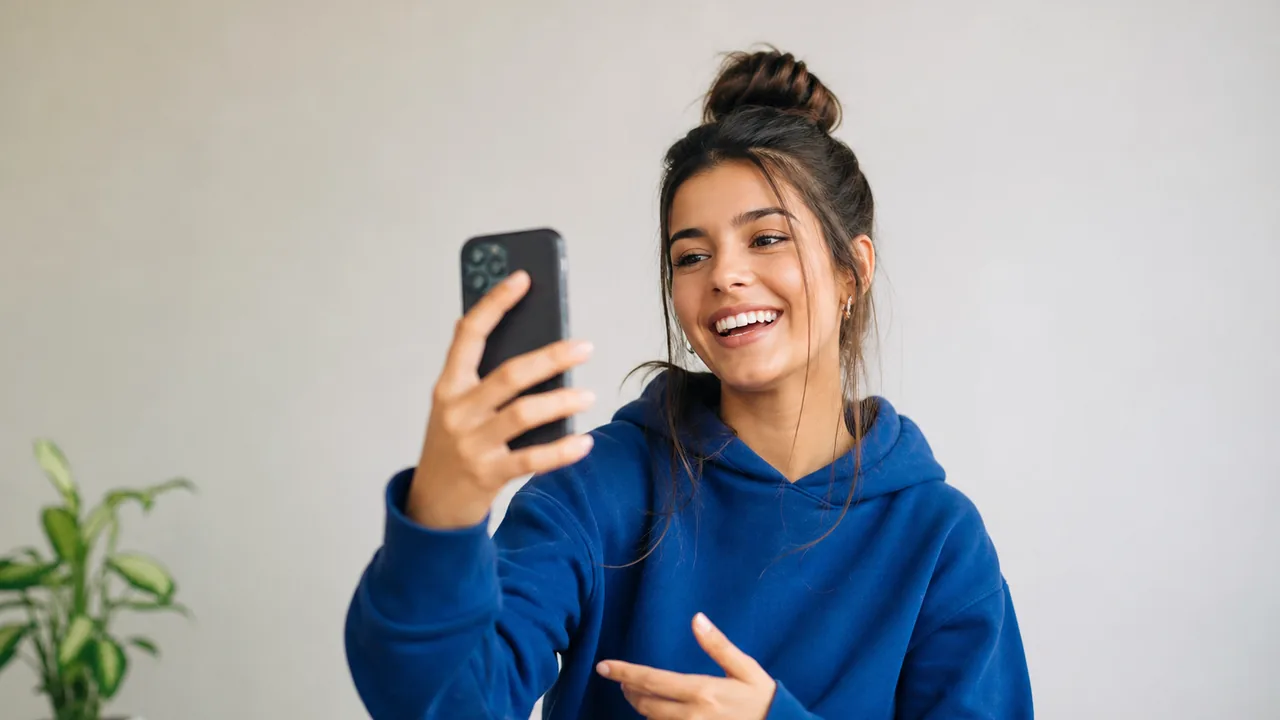Criadora gravando Story de Instagram pelo celular com fundo limpo