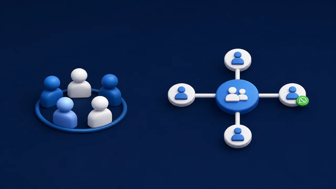 Ilustração comparando grupo comum e comunidade organizada no WhatsApp com sub-grupos