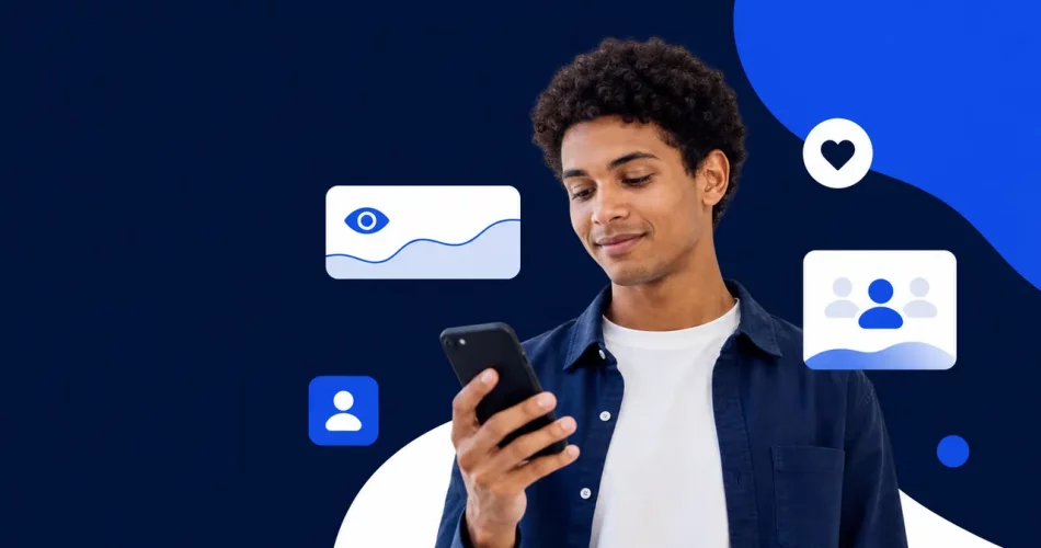 Pessoa analisando impressões no Instagram pelo celular em um visual limpo azul e branco