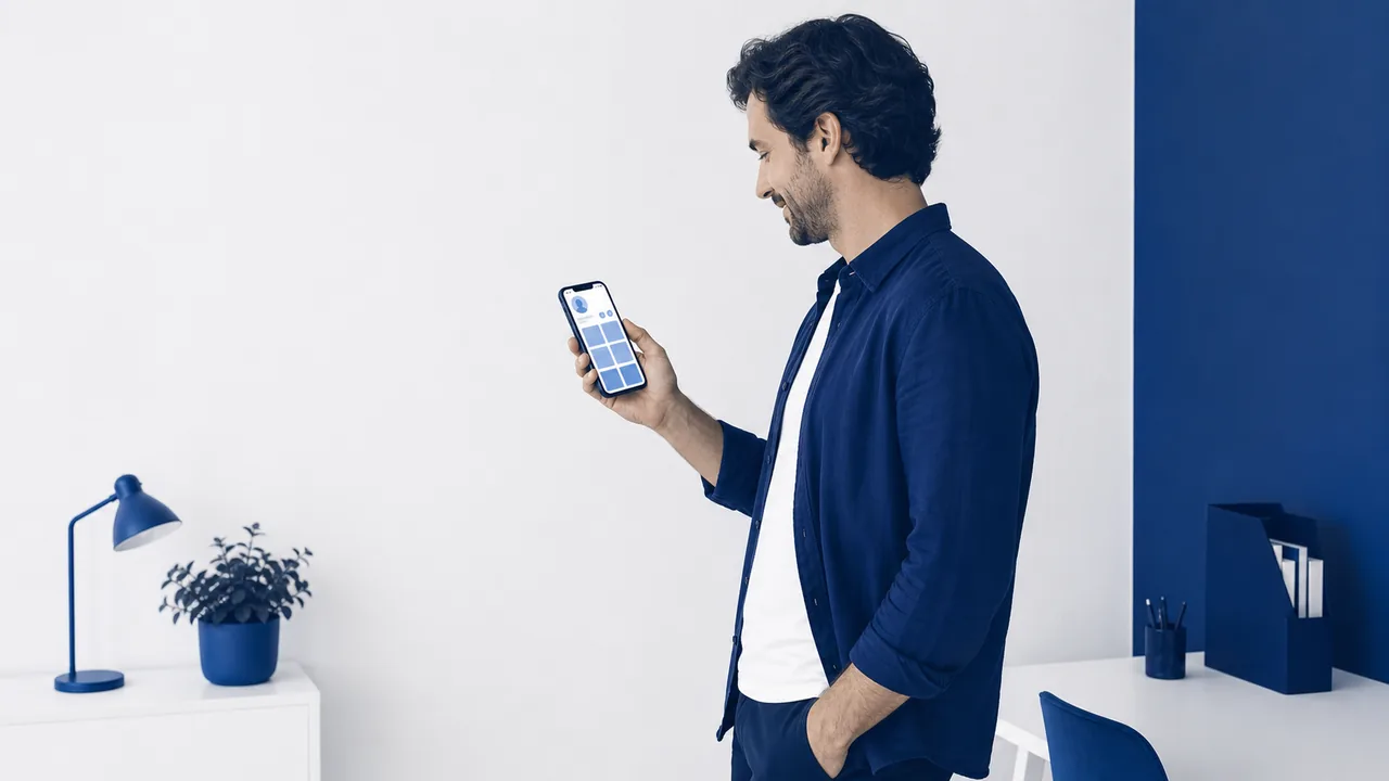 Profissional analisando perfil de empresa no Instagram pelo smartphone antes de decidir fechar negócio B2B