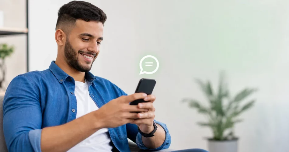 Pessoa sorrindo enquanto usa o smartphone para responder mensagens no funil de vendas do WhatsApp