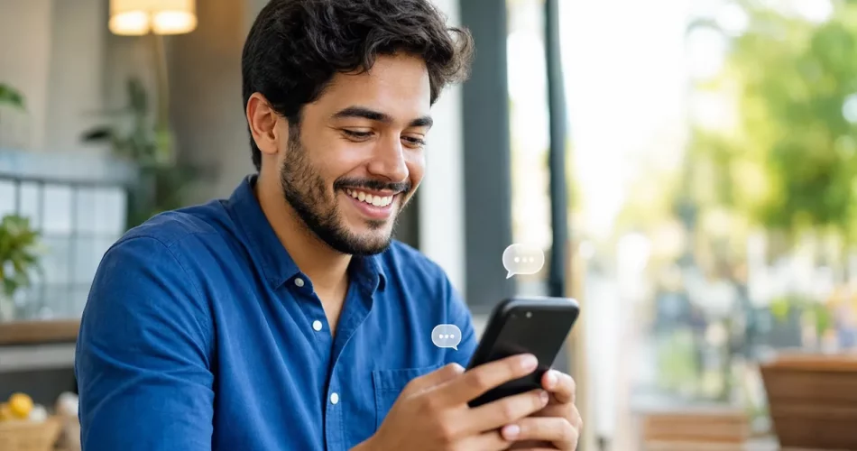 Pessoa sorrindo usando smartphone para atender clientes entre Instagram e WhatsApp