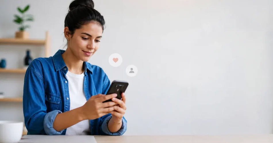 Pessoa usando o celular para verificar curtidas e seguidores no Instagram sem ultrapassar limites