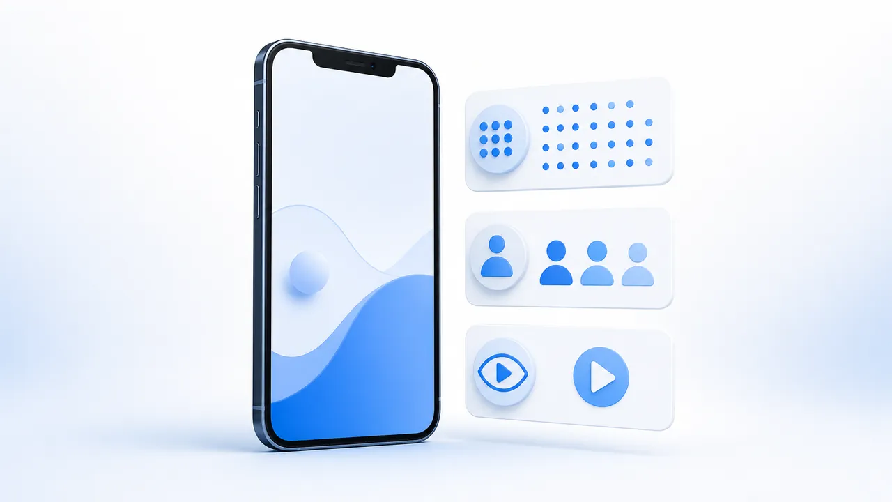 Smartphone com métricas abstratas para comparar impressões alcance e visualizações no Instagram