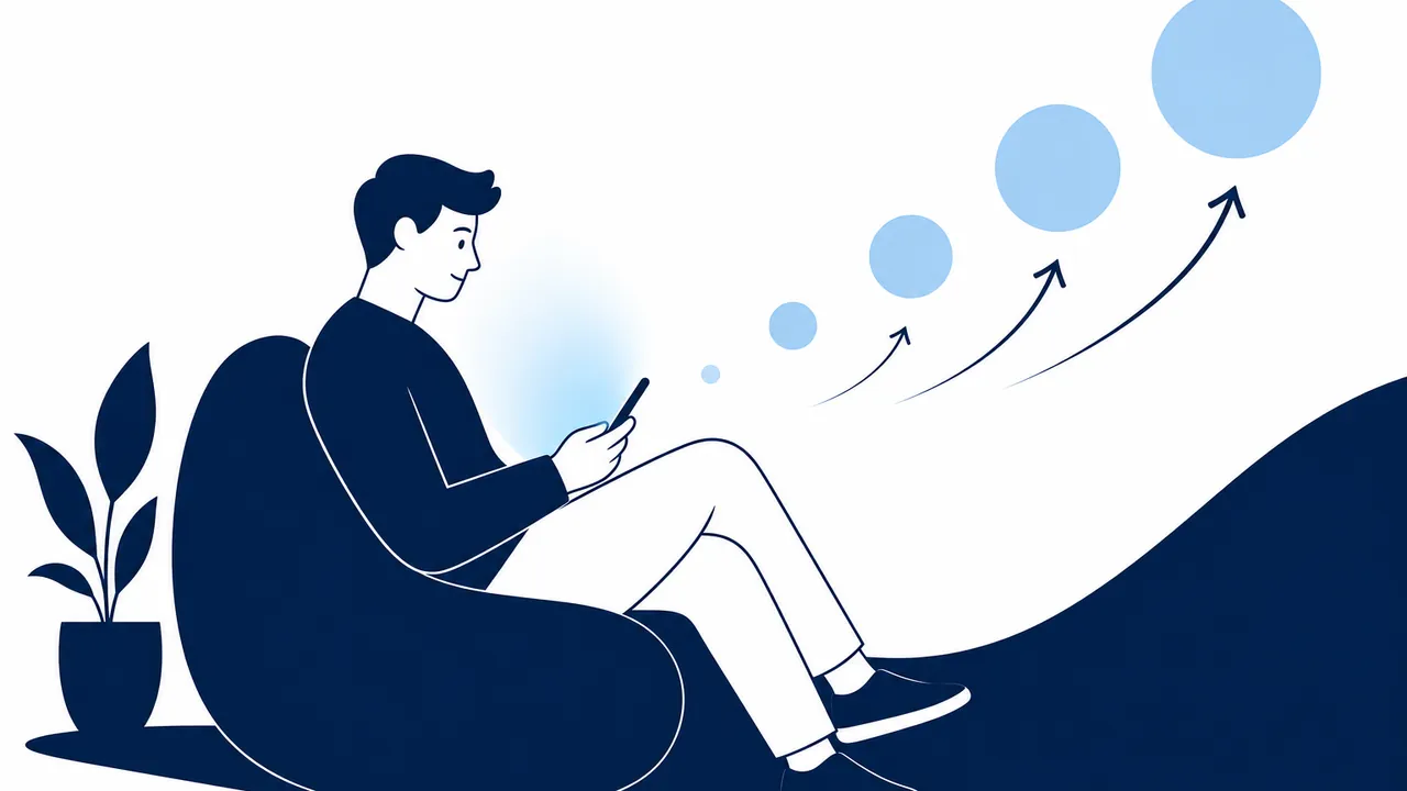 Pessoa sentada olhando celular com ilustração de crescimento orgânico em tons de azul