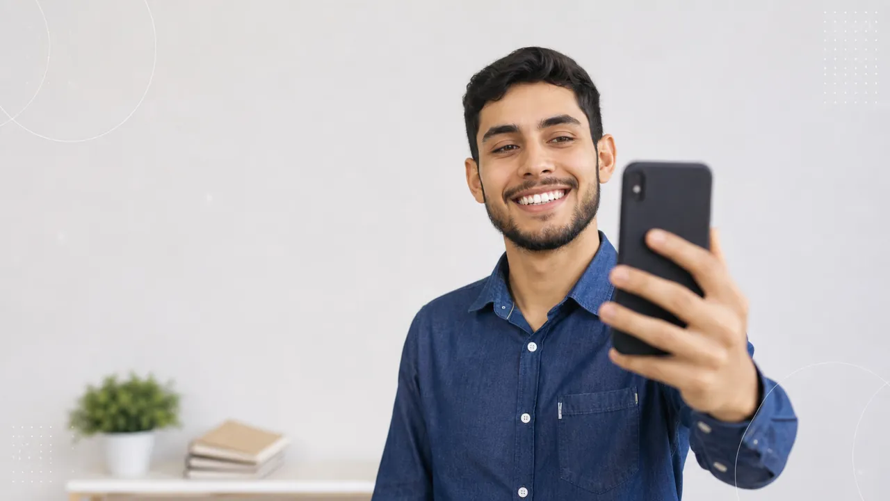 Pessoa sorrindo segurando smartphone enquanto grava conteúdo para Instagram e WhatsApp