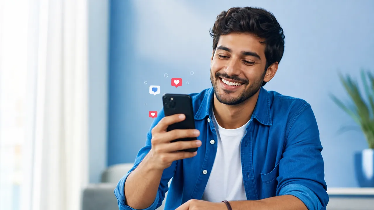 Pessoa sorrindo segurando smartphone ao publicar conteúdo no Instagram de forma consistente
