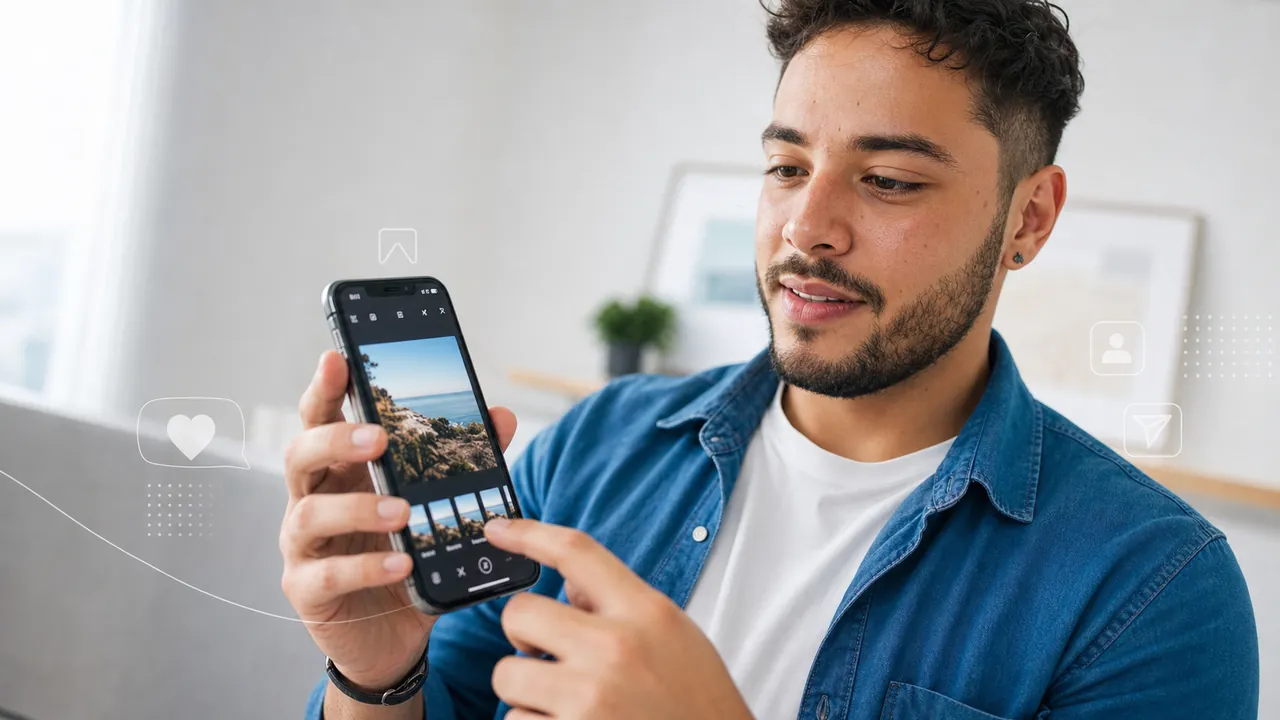 Pessoa publicando uma foto no Instagram pelo celular ajustando o enquadramento