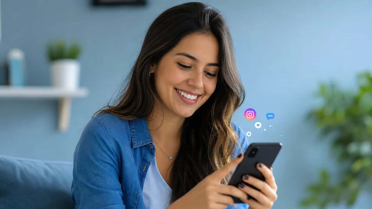 Pessoa sorrindo enquanto responde mensagens no Instagram pelo celular
