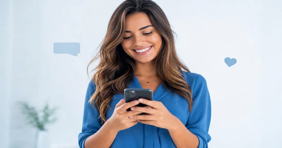 Criadora de conteúdo analisando proposta de parceria de marca no celular