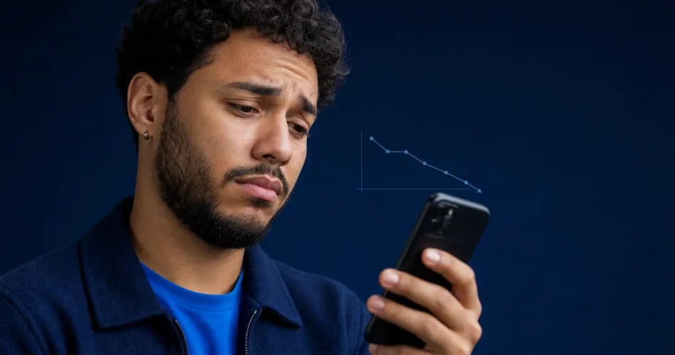 Pessoa usando celular preocupada com queda no desempenho dos Reels no Instagram