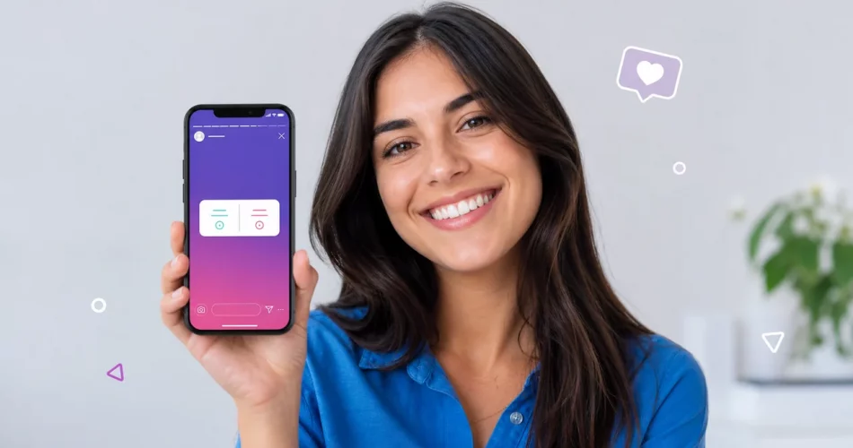 Pessoa segurando smartphone com sticker de enquete no Stories do Instagram para vender mais