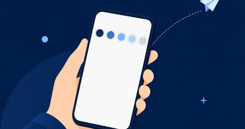 Mão segurando smartphone com barra de stories do Instagram em ilustração minimalista azul