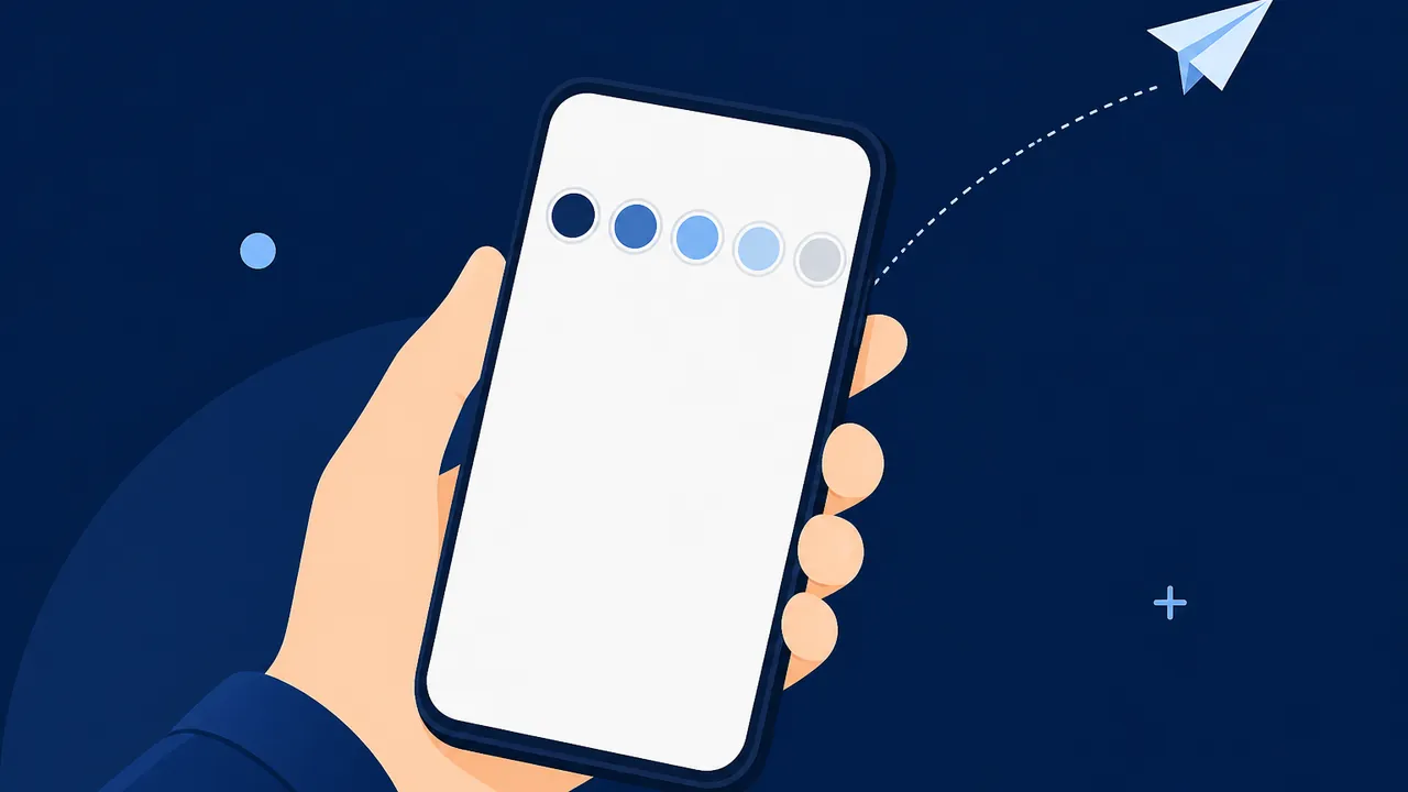 Mão segurando smartphone com barra de stories do Instagram em ilustração minimalista azul