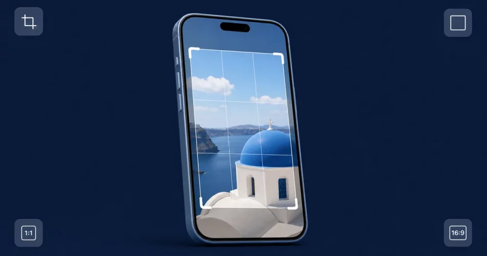 Celular mostrando ferramenta de corte de foto com proporções 1:1 e 16:9 para post no Instagram