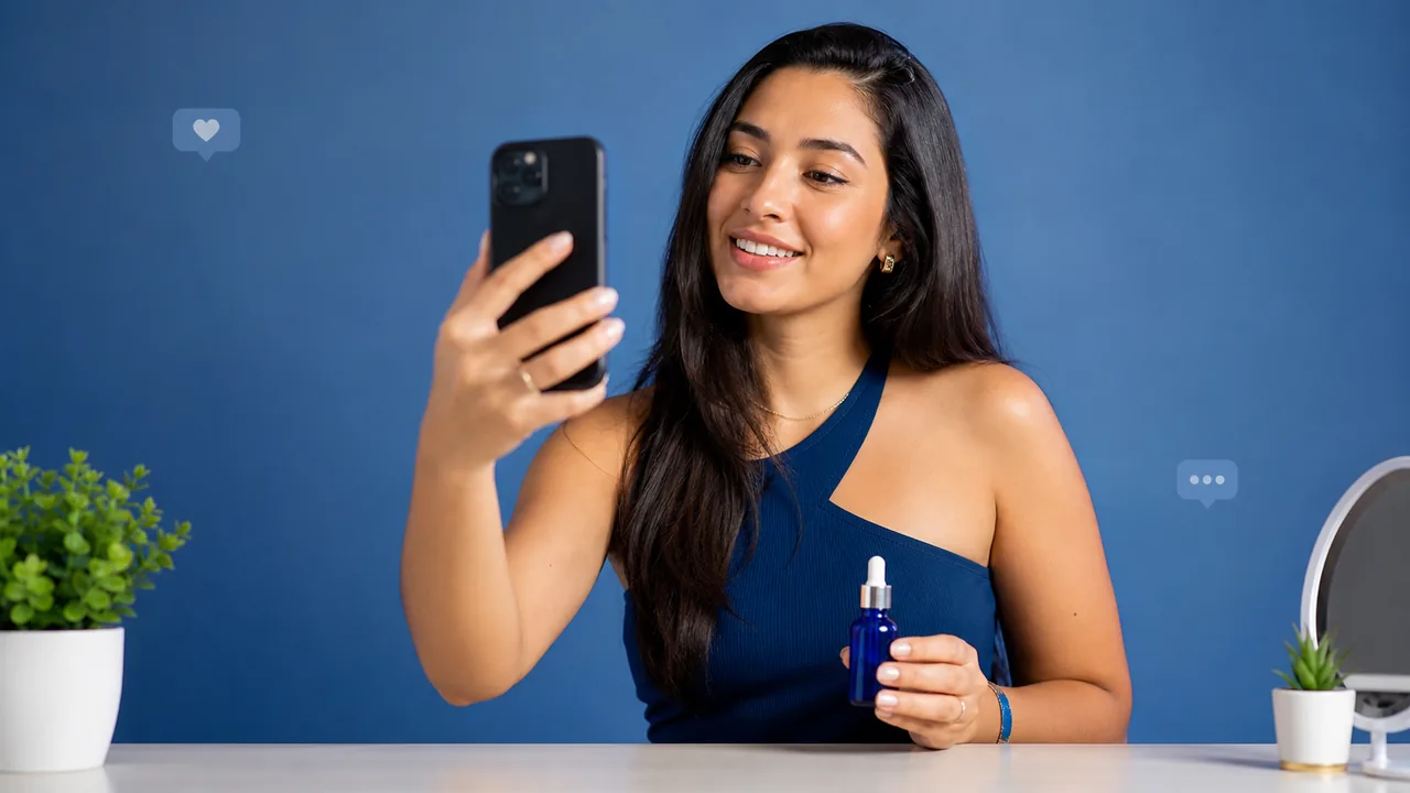 Criadora usando smartphone para gravar conteúdo UGC de produto para Instagram