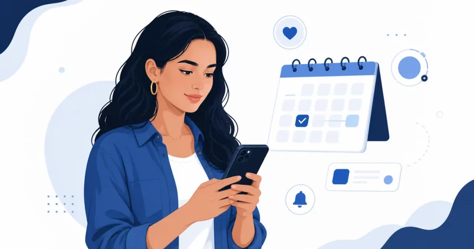 Criadora usando um app para programar Stories no Instagram com calendário visual em azul e branco