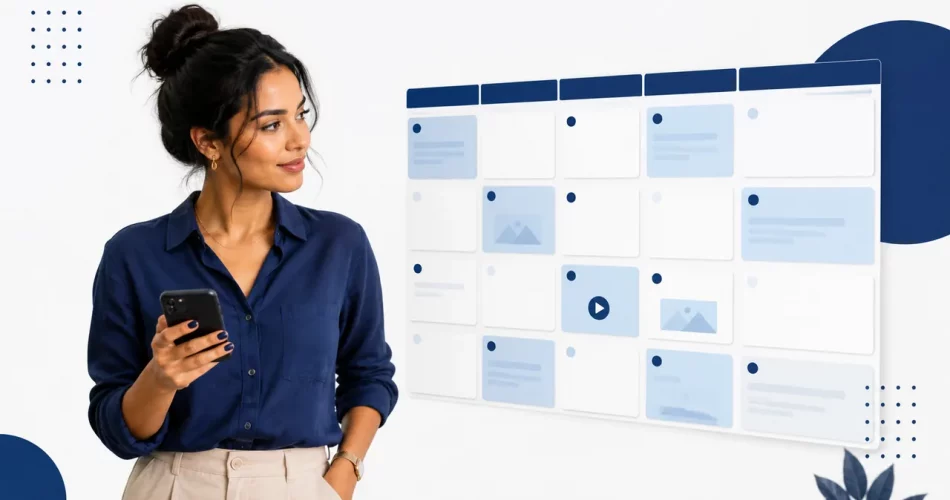 Criadora planejando calendário editorial para Instagram com smartphone e cards azuis