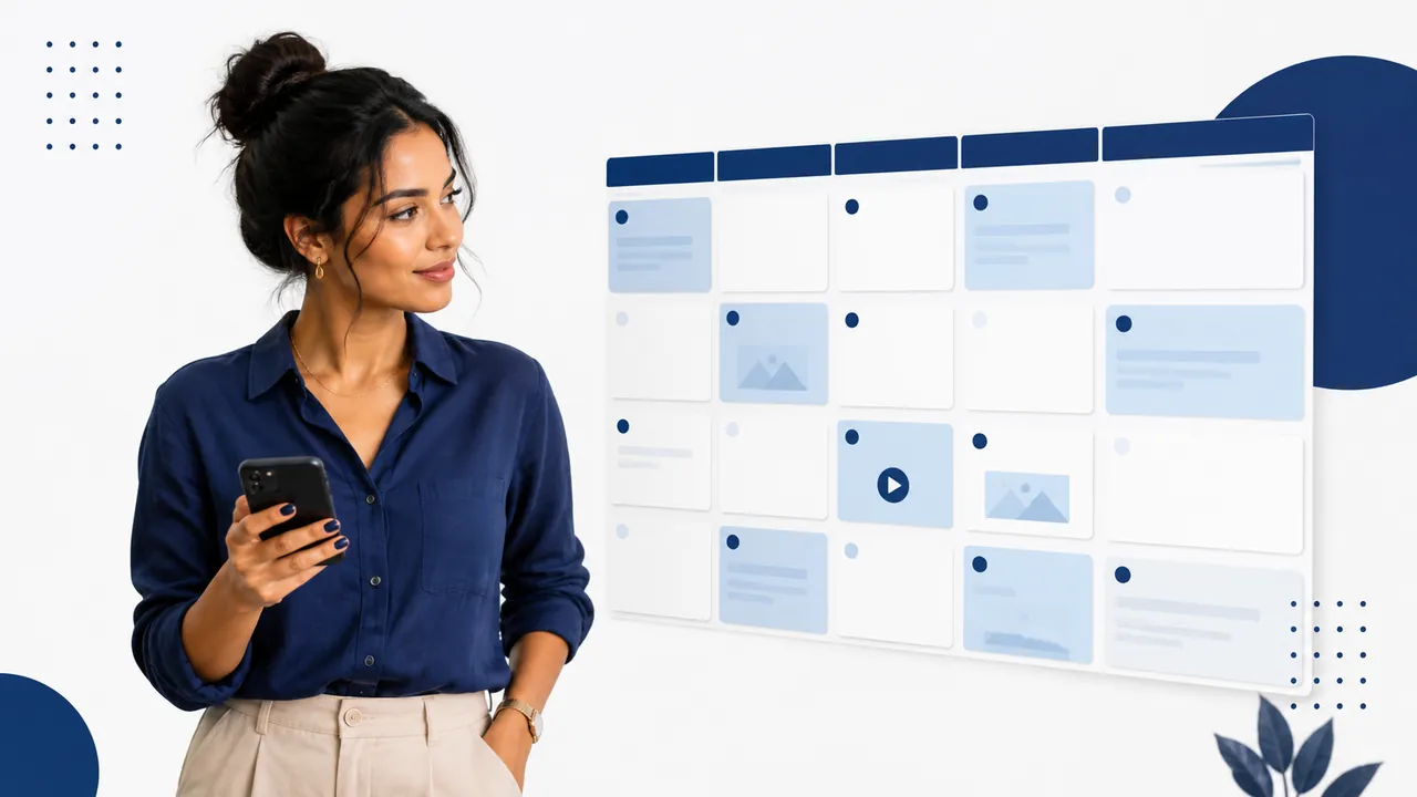 Criadora planejando calendário editorial para Instagram com smartphone e cards azuis