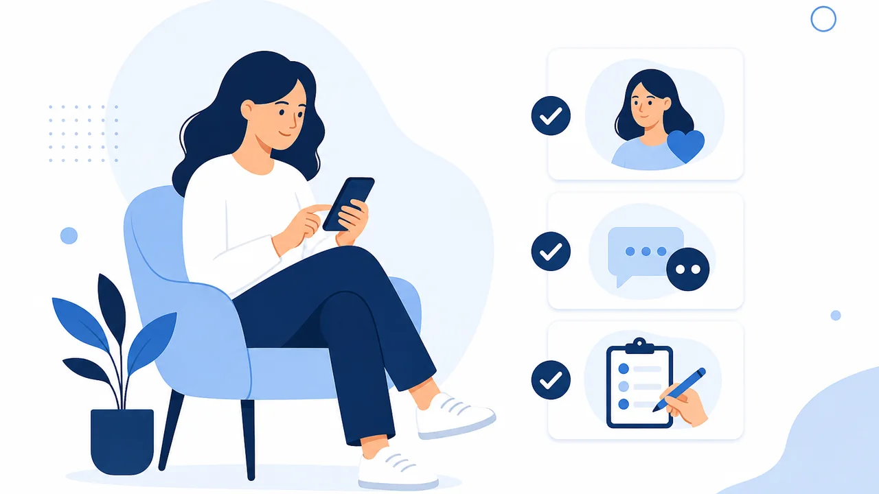 Pessoa usando smartphone ao lado de cartões de checklist para automação segura no Instagram Direct