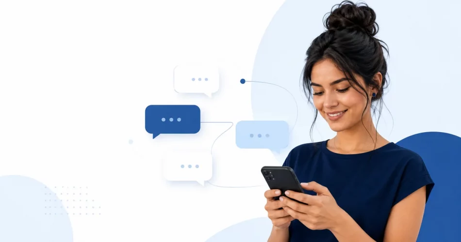 Criadora usando smartphone com balões de conversa para automatizar atendimento no Instagram sem perder o tom humano
