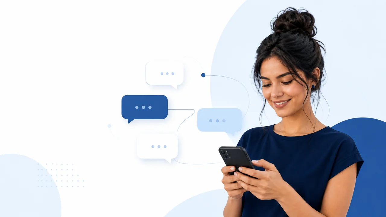 Criadora usando smartphone com balões de conversa para automatizar atendimento no Instagram sem perder o tom humano