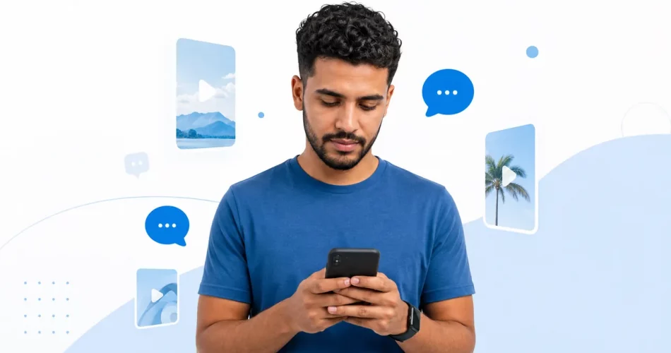 Criador segurando celular com elementos azuis de comentários para CTA em Reels