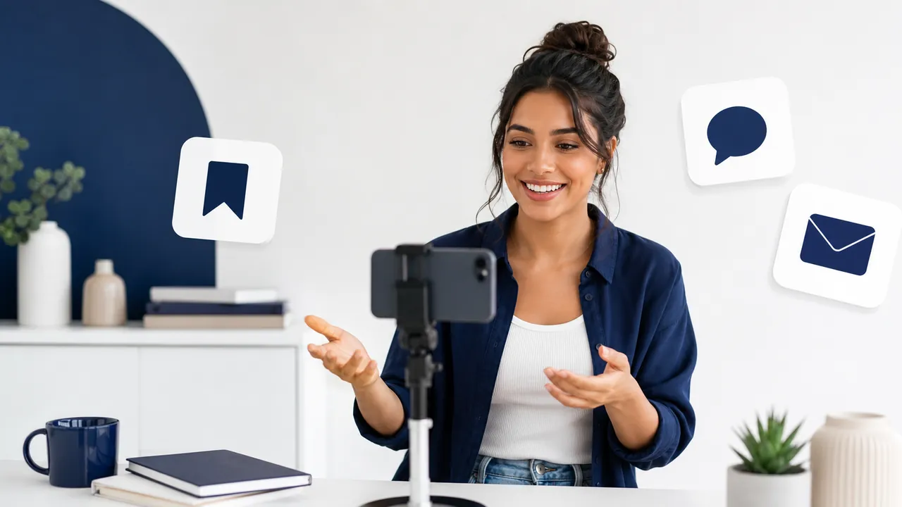 Criadora gravando Reels com cartões azuis representando salvar, comentar e enviar mensagem