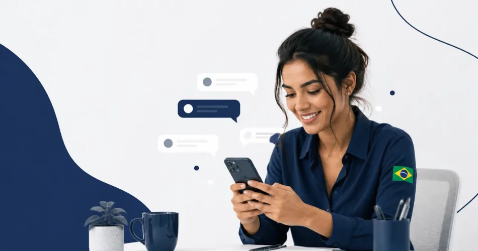 Criadora brasileira usando smartphone para responder rapidamente mensagens no Instagram Direct