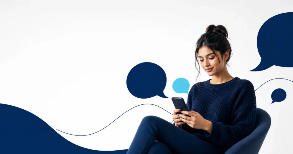 Criadora usando smartphone para seguir um roteiro de atendimento no Direct