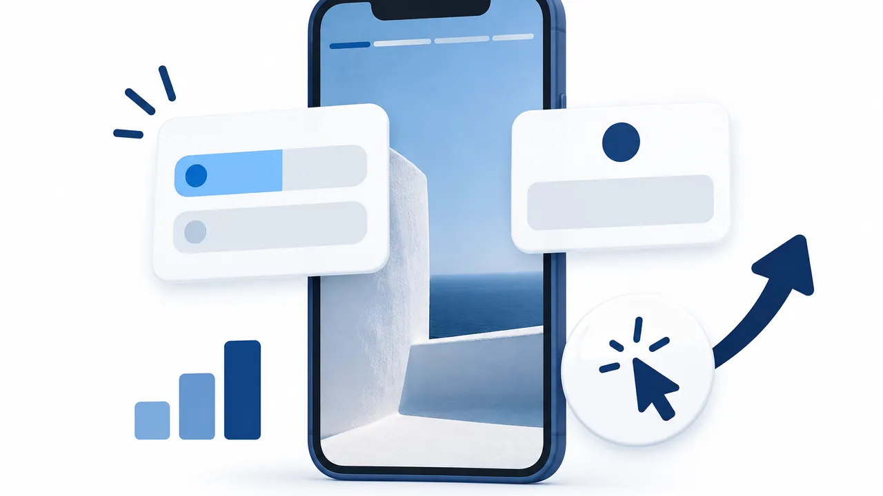 Smartphone com cartões abstratos de métricas e interações dos Stories