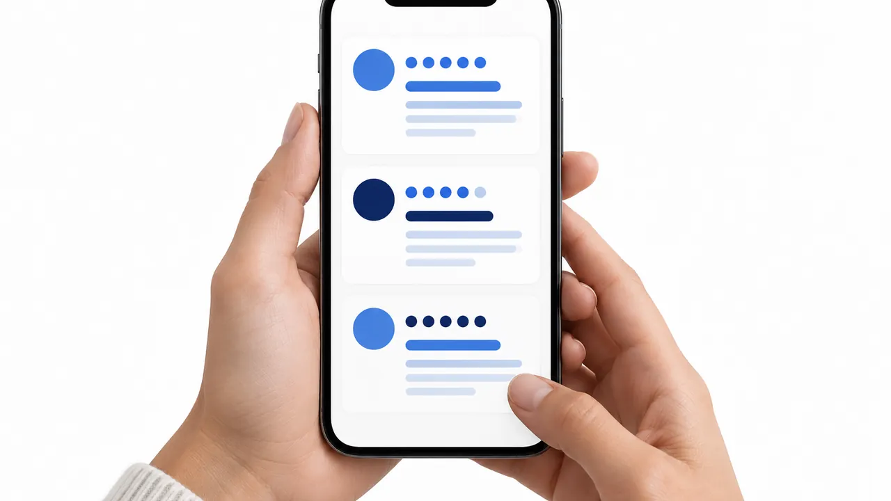 Celular com cartões abstratos de comentários usados como prova social no Instagram