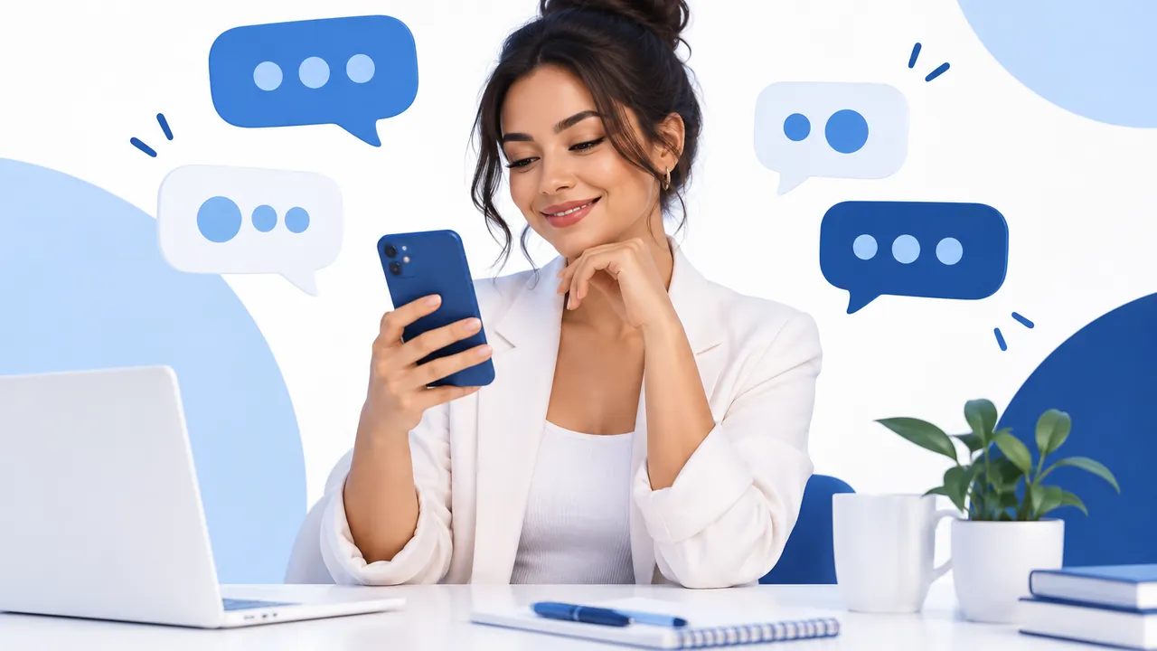 Empreendedora usando smartphone para transformar prova social em conversas de venda