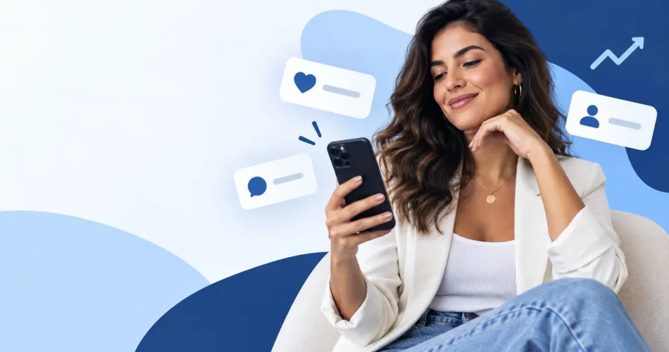 Criadora usando smartphone com elementos visuais de prova social no Instagram