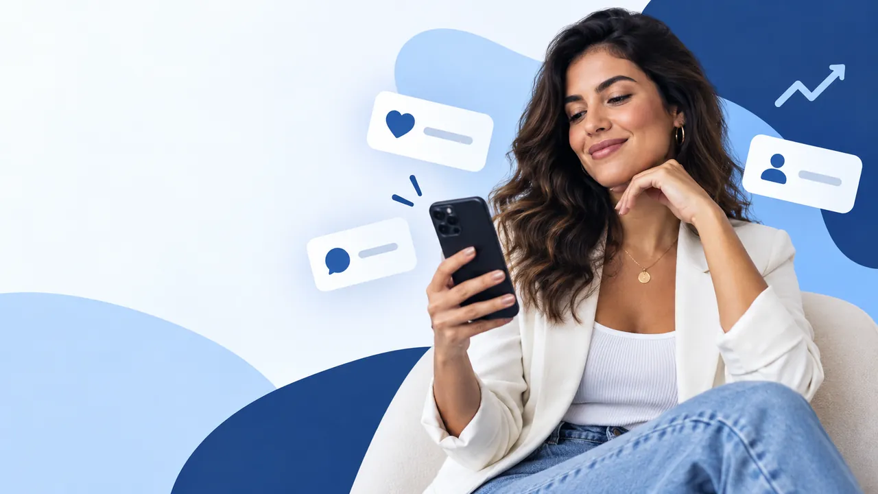 Criadora usando smartphone com elementos visuais de prova social no Instagram